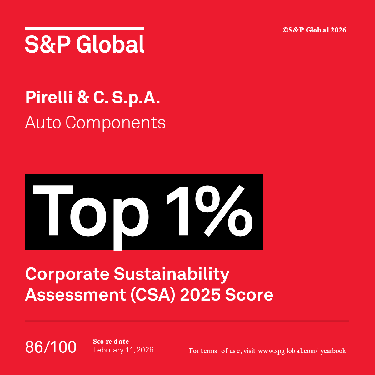 PIRELLI CONFIRMED AS A “TOP 1%” COMPANIY IN S&P GLOBAL’S 2026 SUSTAINABILITY YEARBOOK, THE ONLY TYRE MANUFACTURER WORLDWIDE